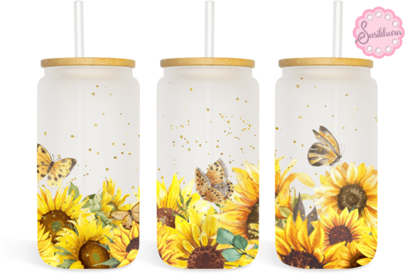 Sunflower Watercolor Butterfly Glass Can Graphics & Print Templates